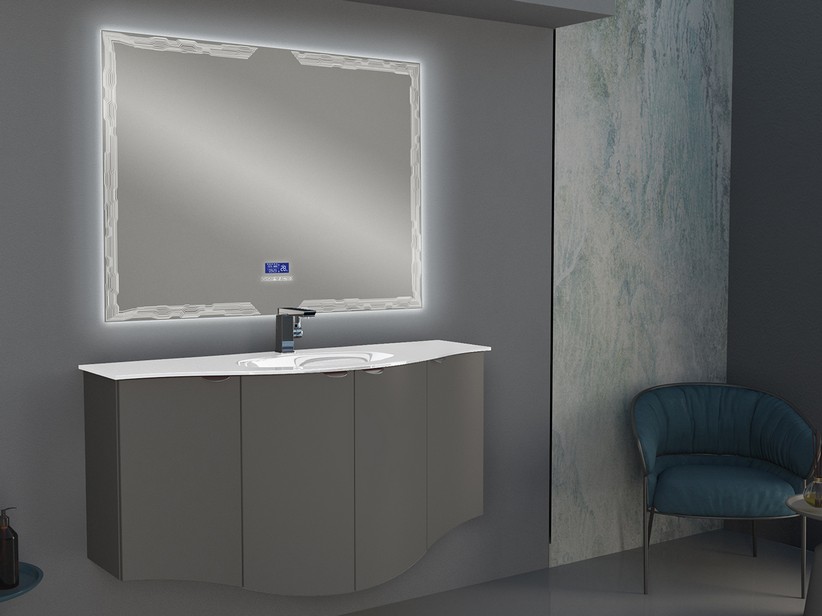 Geschwungenes Badmöbel Wave 138 cm Wolkengrau matt und Waschbecken aus Glas Becken in der Mitte Weiß glänzend | IperCeramica