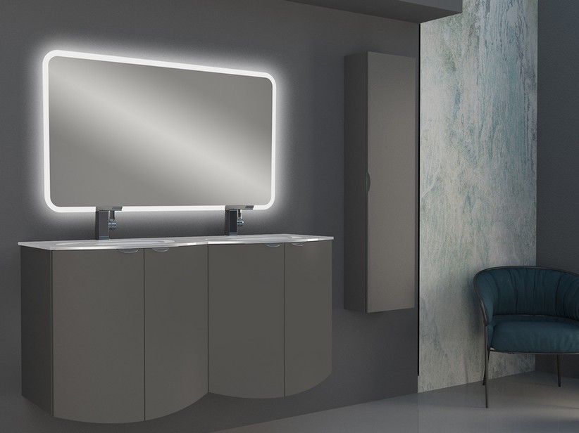 Geschwungenes Badmöbel Wave 138 cm Wolkengrau matt und Waschbecken aus Glas Doppelbecken Weiß glänzend | IperCeramica