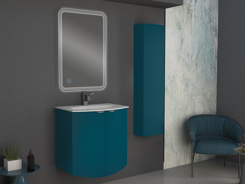 Geschwungenes Badmöbel Wave 70 cm Petrolblau matt und Waschbecken aus Glas Weiß glänzend | IperCeramica