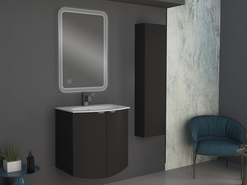Geschwungenes Badmöbel Wave 70 cm Graphit matt und Waschbecken Glas Weiß glänzend | IperCeramica