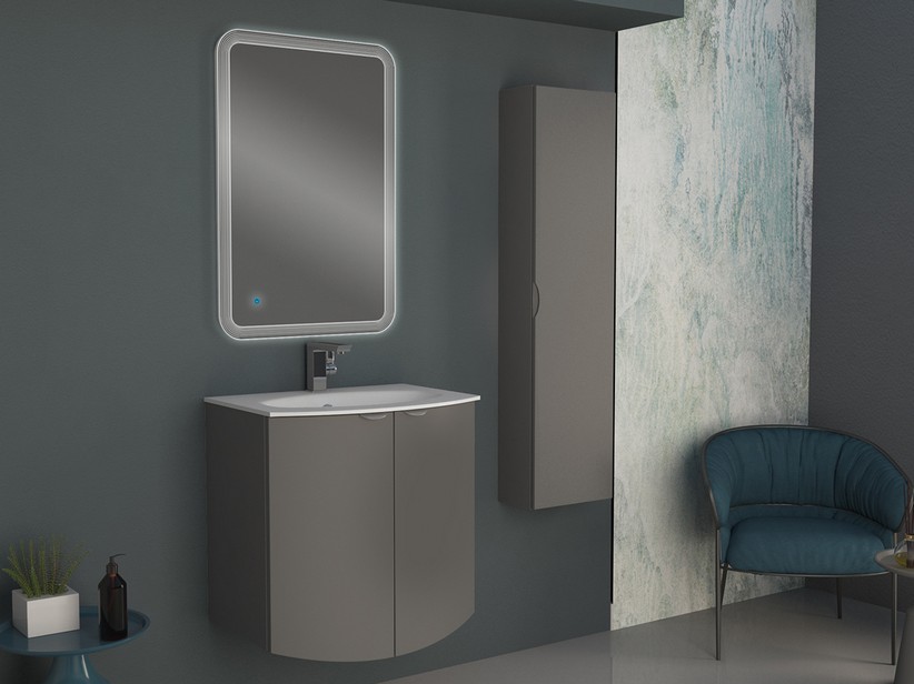 Geschwungenes Badmöbel Wave 70 cm Wolkengrau matt und Waschbecken aus Glas Weiß glänzend | IperCeramica