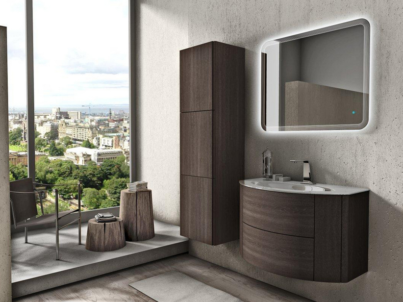 Gewölbtes Badmöbel Modo 92 cm Dunkle Eiche Soft und Waschbecken Weiß Glänzend | IperCeramica