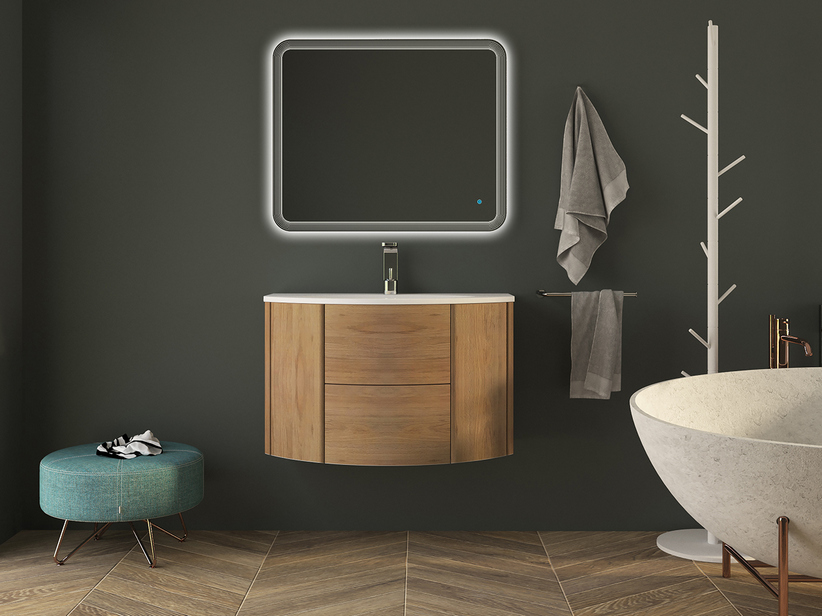 Gewölbtes Badmöbel Modo 92 cm Eiche Tabak und Waschbecken Weiß Glänzend | IperCeramica