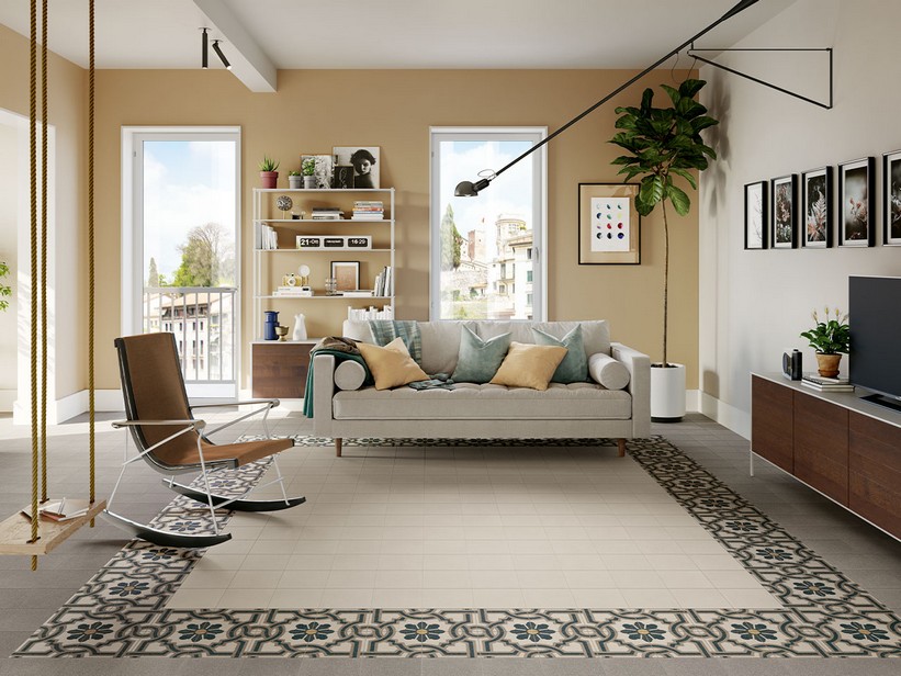 Fliese Novecento Deco Fiore 20X20 Dekoriert Zementoptik Gesprenkelt mit Marmorstaub | IperCeramica