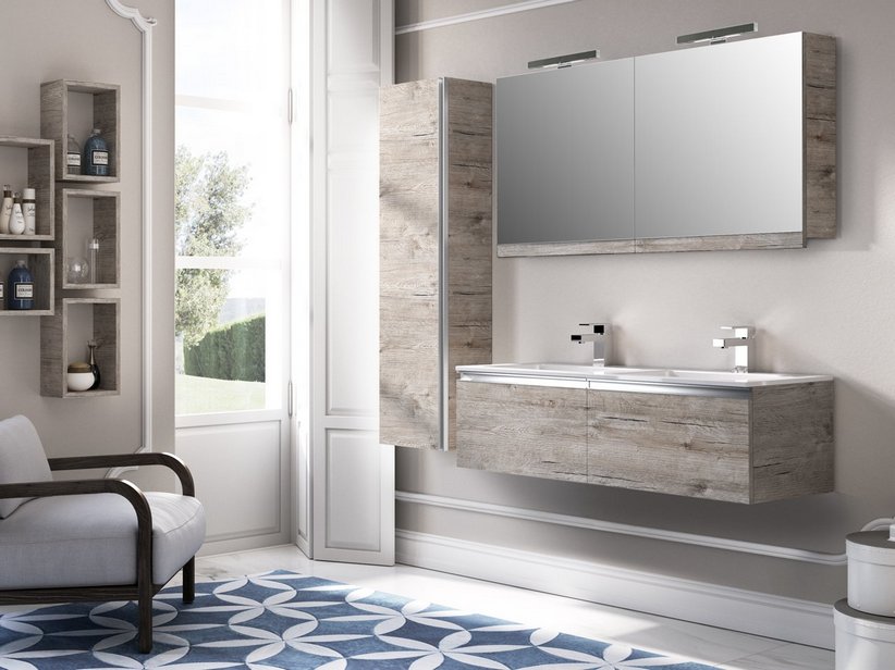 Badmöbel Smart 120 cm Eiche Natur mit zwei Waschbecken Square aus Harz | IperCeramica
