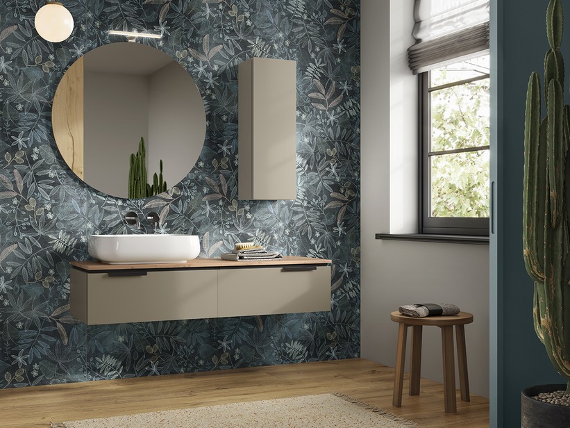 Badmöbel TOUCH 140 cm 2 Schubladen Taupe matt und Top 1,8 cm Eiche | IperCeramica