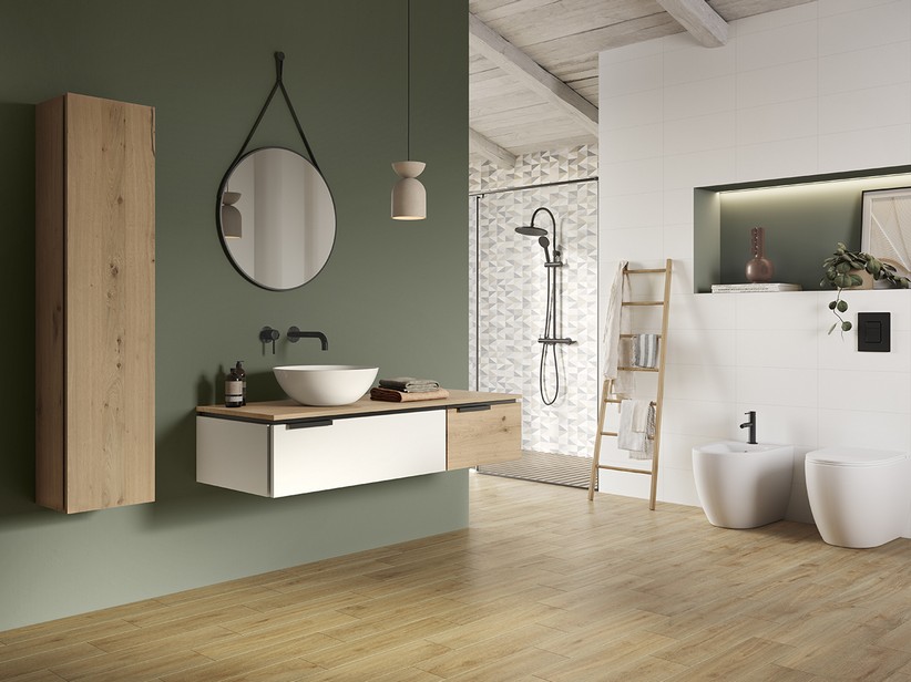 Badezimmermöbel TOUCH 140 cm 1 Schublade rechts und Oberschrank Eiche mit Astlöchern und 1 Schublade mattweiß | IperCeramica