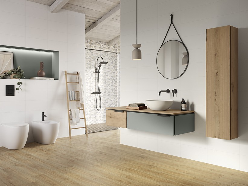 Badezimmermöbel TOUCH 140 cm 1 Schublade links und Aufsatz Eiche mit Astlöchern und 1 Schublade in mattem Salbeigrün | IperCeramica