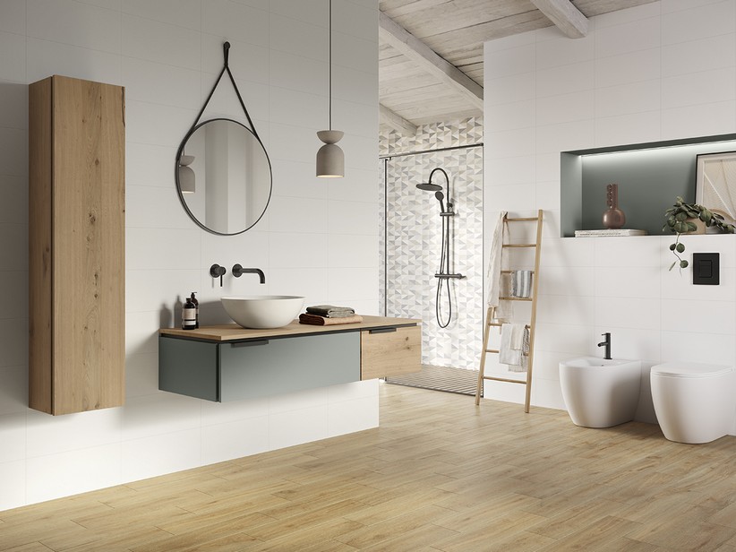 Badezimmermöbel TOUCH 140 cm 1 Schublade rechts und Aufsatz Eiche mit Astlöchern und 1 Schublade matt salbeigrün | IperCeramica