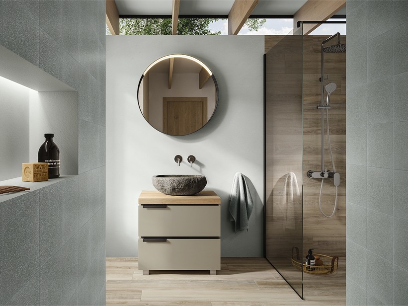 Badmöbel TOUCH 70 cm 2 Schubladen Taupe matt und Top 4,5 cm Eiche | IperCeramica