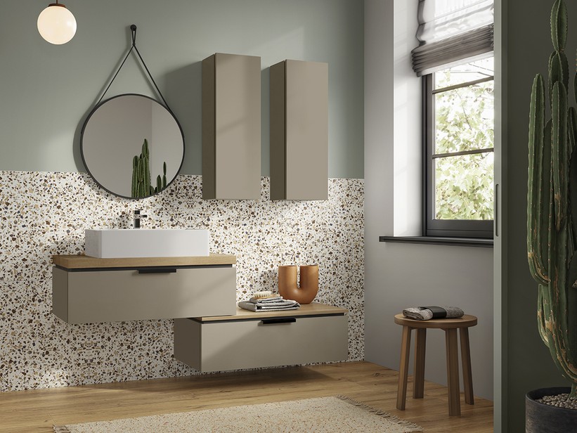 Badmöbel TOUCH 90 cm 1 Schublade Taupe matt und Top 4,5 cm Eichenholz | IperCeramica Badmöbel TOUCH 90 cm 1 Schublade Taupe matt und Top 4,5 cm Eichenholz | IperCeramica