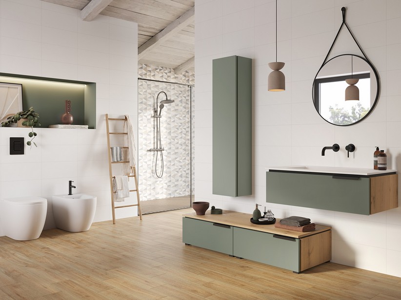 Badmöbel TOUCH 90 cm 1 Schublade Salbeigrün matt Seiteteile Eiche mit Knorren und Unitop-Waschbecken HIDE Harz Weiß matt | IperCeramica