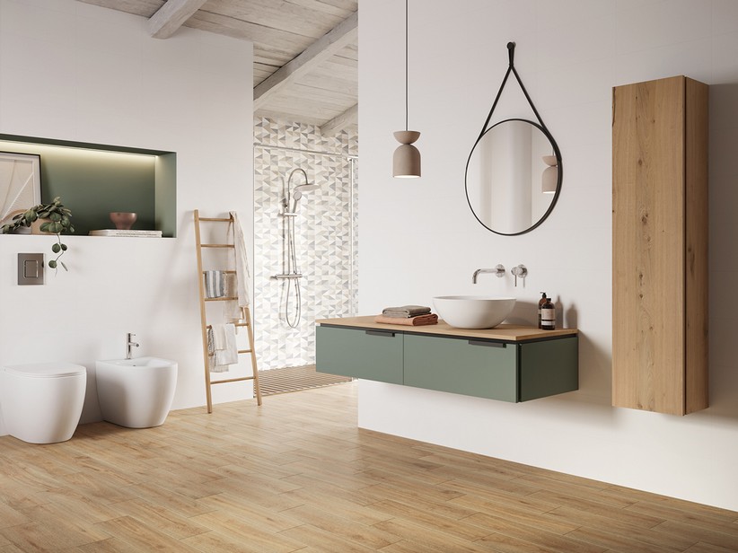 Badmöbel TOUCH 140 cm 2 Schubladen Salbeigrün matt und Platte 1,8 cm aus Eiche mit Knorren | IperCeramica