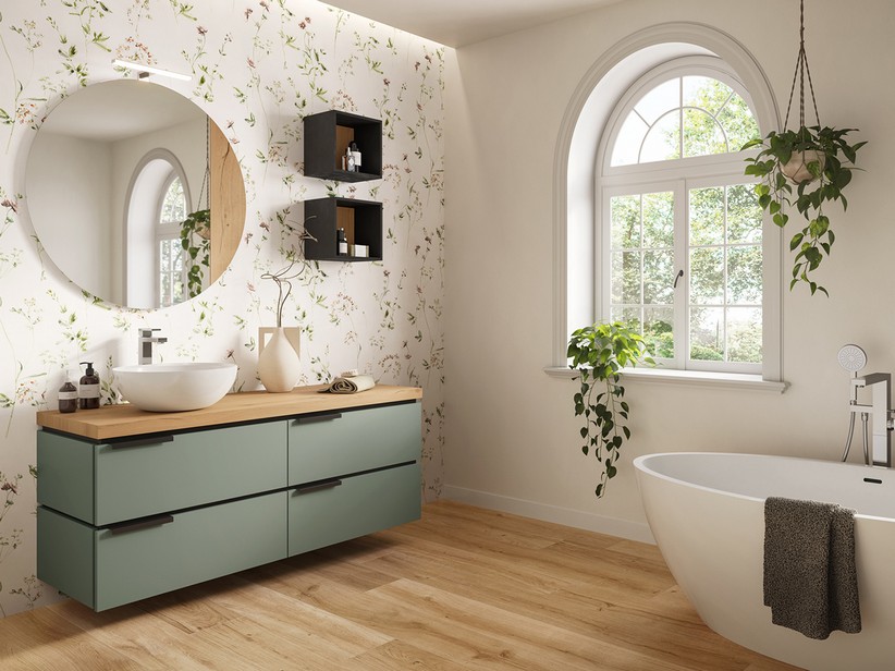 Badmöbel TOUCH/OXYGEN 140 cm 4 Schubladen Salbeigrün matt und Platte 4,5 cm aus Eiche mit Knorren | IperCeramica