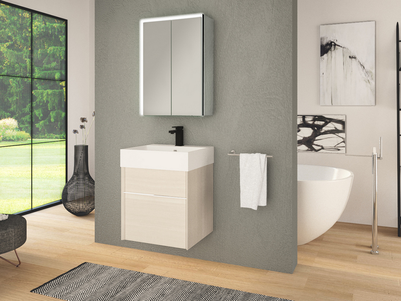 Badmöbel Tribeca 50 cm 2 Schubladen Holzoptik Eiche Weiß Rocks mit Waschbecken Unitop aus mattem weißem Harz | IperCeramica