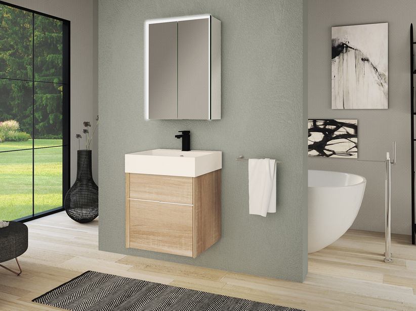 Badmöbel Tribeca 50 cm 2 Schubladen Holzoptik Eiche Brügge mit Waschbecken Unitop aus mattem weißem Harz | IperCeramica