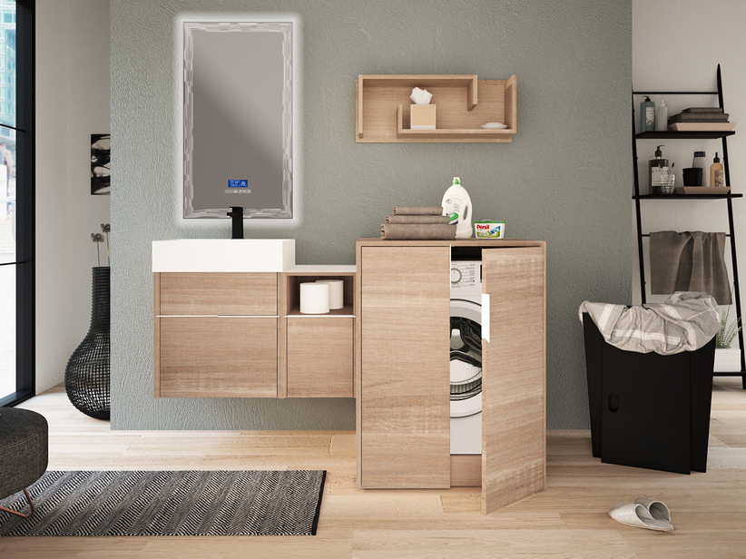 Badmöbel Tribeca 80 cm 2+1 Schubladen Holzoptik Eiche Brügge mit Waschbecken Unitop aus mattem weißem Harz | IperCeramica